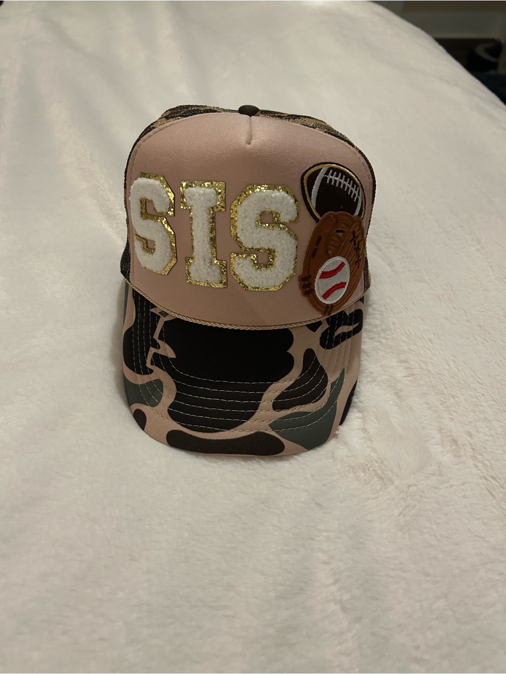 Boutique Custom Camo 'SIS' Trucker Hat with Sports Patches